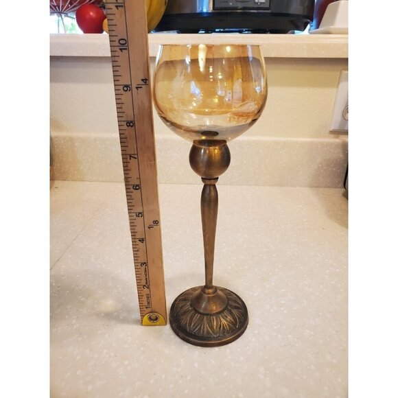 Brass And Colored Glass Candle Holder Goblet Tealight Votive 10 Inches tall‎ VTG - Picture 8 of 9